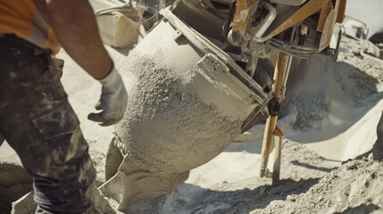 A construction worker operating a cement mixer on a site. Featuring coordination and effort