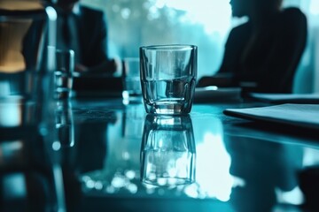 Minimalist Corporate Insight Tranquil Blue-Toned Glass Reflection in Modern Meeting Space - Innovative Workplace Visualization and Strategic Communication Design