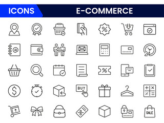 Vector illustration web line icon collection featuring shopping carts, mobile payments, online stores, product listings, delivery boxes, discount tags, checkout, user reviews, and transactions.
