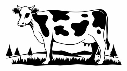 Monochrome Dairy Cow Grazing In A Grassy Field With Distant Mountains And Trees Vector Illustration