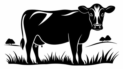 Black And White Cow Silhouette Graphic Standing In Green Pasture With Trees Elegant Monochromatic