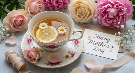 Teacup filled with tea, lemon, and flowers surrounded by roses and a "Happy Mother's Day" card
