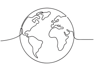Continuous one line art drawing of earth planet, Globe, geography vector outline, Single line illustration of world map