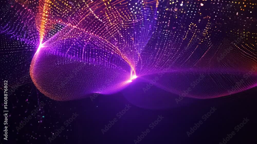 Poster mesmerizing dolly in video, interaction of violet and tangerine particle streams intertwining gracef