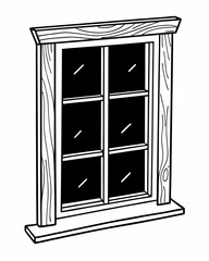 Detailed Black And White Line Art Illustration Of A Classic Window With Six Panes And Wooden Frame