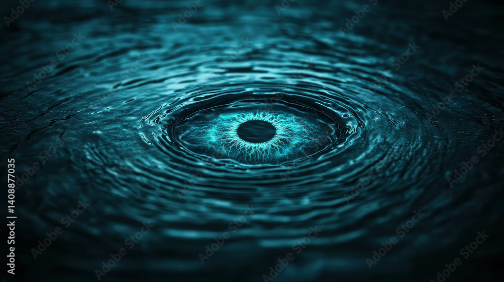 Poster dark water surface with circular ripples and bright center creating a mysterious atmosphere