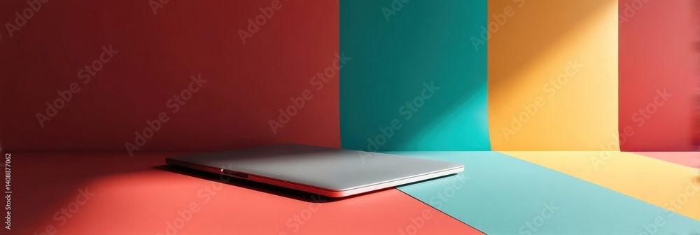 Poster minimalist tech elegance sleek laptop on vibrant geometric color block background - modern workspace