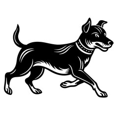 Black And White Silhouette Illustration Of A Playful Dog With Collar Running Happily On White Background