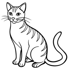Simple Outline Illustration Of A Sitting Tabby Cat With Tail Up And Stripes On White Background