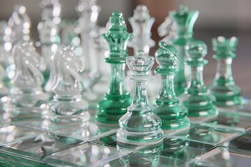 Elegant glass chess set with focus on pieces and background bokeh effect