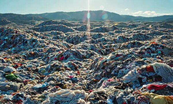 A massive landfill overflowing with discarded textiles, fabrics, and clothing under bright sunlight.