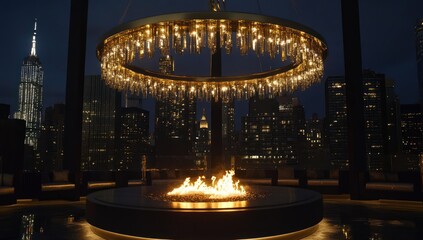 Obraz premium Nighttime Cityscape with a Majestic Chandelier and Fire Pit