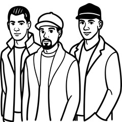Three Men Standing Together Wearing Jackets And Hats Stylized Line Art Portrait Illustration