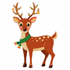 Cartoon Christmas Reindeer Character Vector Illustration With Scarf And Baubles In Horns On An Isolated White Background