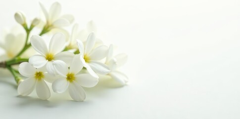 Closeup of delicate white jasmine flowers in full blossom on white background, beautiful, nature, garden