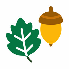 Autumnal Composition Featuring A Stylized Green Leaf And A Brown And Gold Acorn With Bold Geometric Shapes