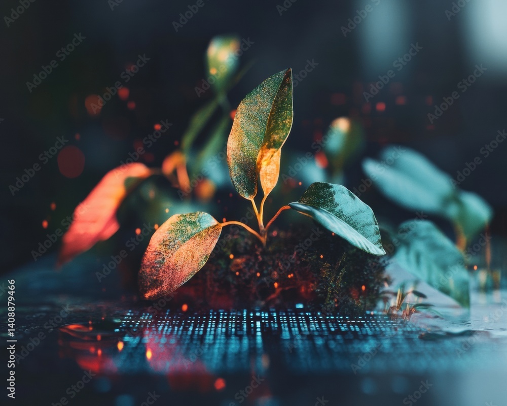 Aufkleber digital eco-innovation transformative plant growth on tech circuit board - sustainable technology me