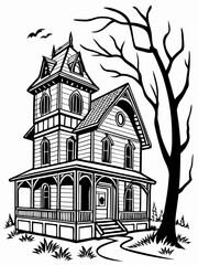 Spooky Haunted House Vector Illustration With Old Tree Silhouette For Halloween Design And Decoration