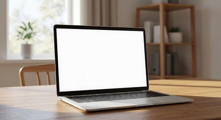 Fototapeta premium Laptop Mockup: Blank Screen on Wooden Desk in Home Office