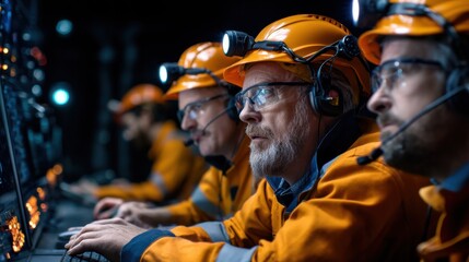 Fototapeta premium A group of men in orange safety gear are working on a computer