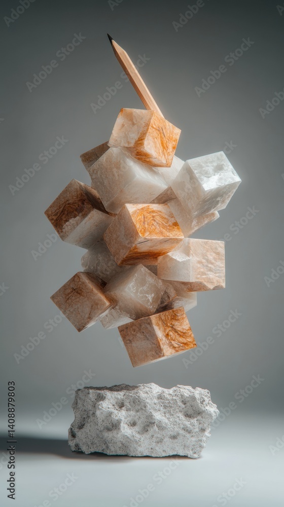 Poster Geometric Progression Minimalist Wooden Cube Stacking with Pencil Visualizing Strategic Innovation - Dynamic Business Conceptualization in Balanced Architectural Design