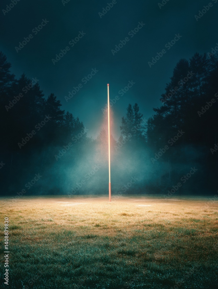 Poster luminous liminal space ethereal vertical light portal illuminating misty night landscape - immersive