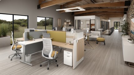 Modern office space with desks, chairs, wood floors, open layout, and outside view