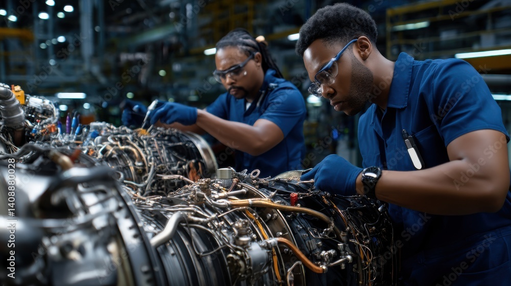 Poster two men are working on a large engine