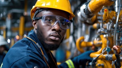 A man in a yellow helmet and safety glasses is working on a yellow pipe