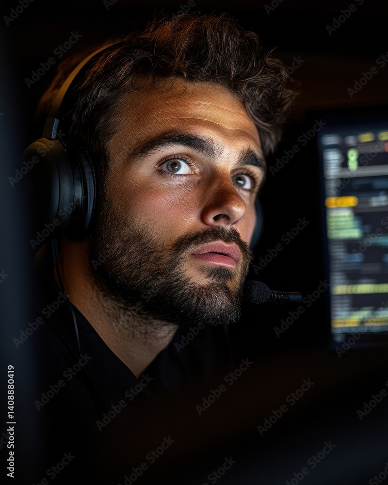 Poster Immersive Digital Workspace Gen Z Tech Professional in Low-Light Environment Showcasing Intense Focus, Remote Collaboration and Cutting-Edge Audio-Visual Performance