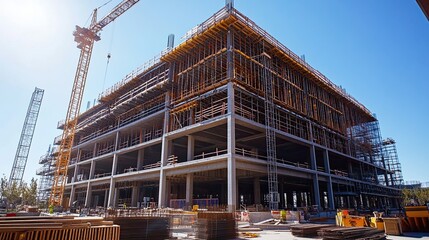 Wide-angle view of large commercial building under construction with scaffolding and cranes. 
