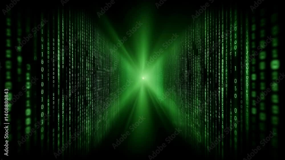 Poster glowing green binary code cascading vertically against a dark background, illuminated by a central g