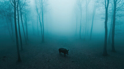Solitary Wild Pig in Misty Forest Surrounded by Eerie Atmosphere and Tall Trees