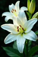 Fototapeta premium Close-up of white lilies with dew drops, ideal for a memorial service or condolence message, flowers, service, mourning