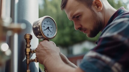 Plumber checking water pressure at a construction site. Featuring expertise and focus