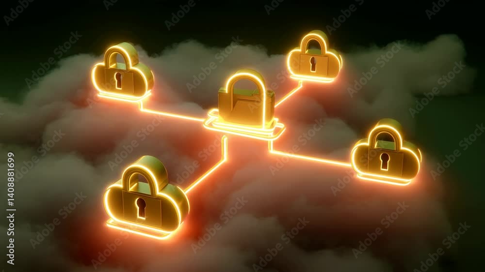 Poster secure cloud networking with glowing golden cloud icons containing padlock symbols, interconnected b