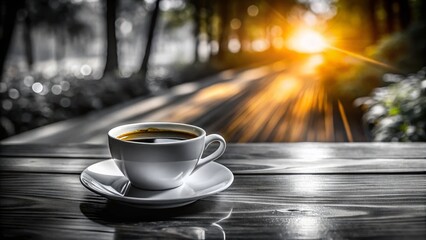 Obraz premium Coffee Cup on Wooden Table with Sunlight