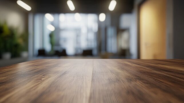 Modern minimalist office meeting table with warm wooden tones, conveying professionalism and simplicity in workspace design.
