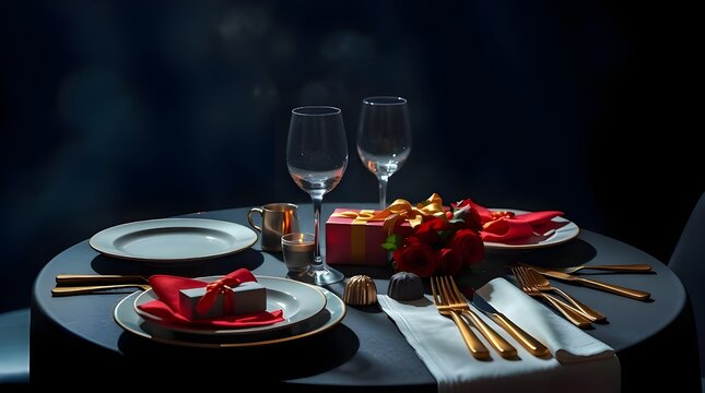 A vertical top-view photo, tight close-up, rich burgundy and deep blue volumetric lighting, showcasing a grand opening gala table setting plates, gold cutlery, decadent chocolate, wineglasses,  - Powered by Adobe