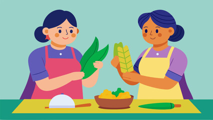 Aunts teasing each other over who makes the best tamales each claiming their own recipe is the most delicious.. Vector illustration