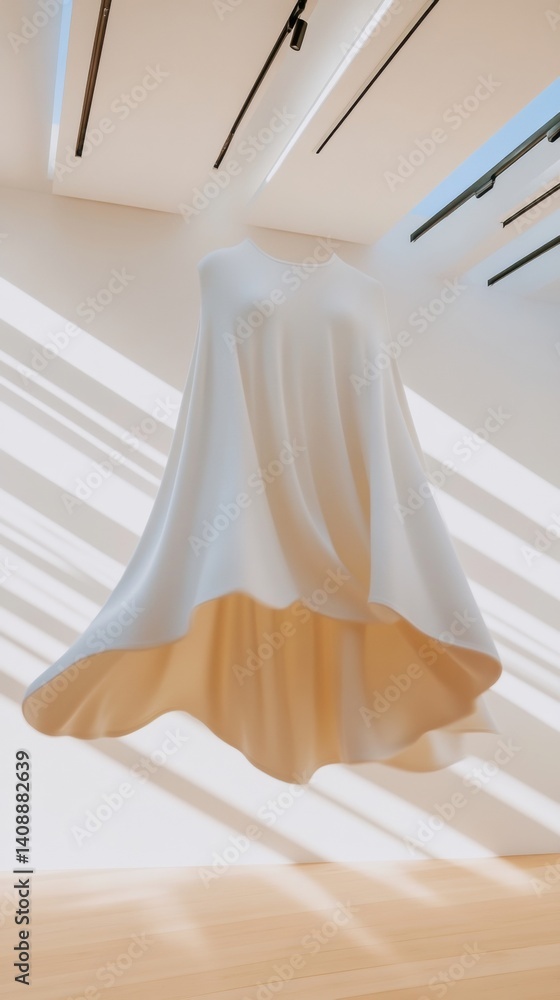 Poster Ethereal Minimalist Fabric Sculpture Soft Light Draped Textile Installation Exploring Spatial Dynamics, Texture, and Architectural Soft Form Design