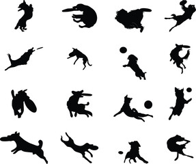 Set of Dog catch frisbee silhouette of jumping pet, Puppy play with disc 
