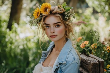Naklejka premium Blonde woman with sunflower crown and denim jacket in a garden