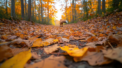 Autumn Trail with Colorful Leaves and Lone Dog Walking Through a Forest in Golden Light