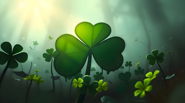 Low angle perspective, misty atmospheric digital sketch, loose painterly strokes, iridescent colors, complementary epic colors. A green shamrock cutout design filled with smaller shamrocks, 