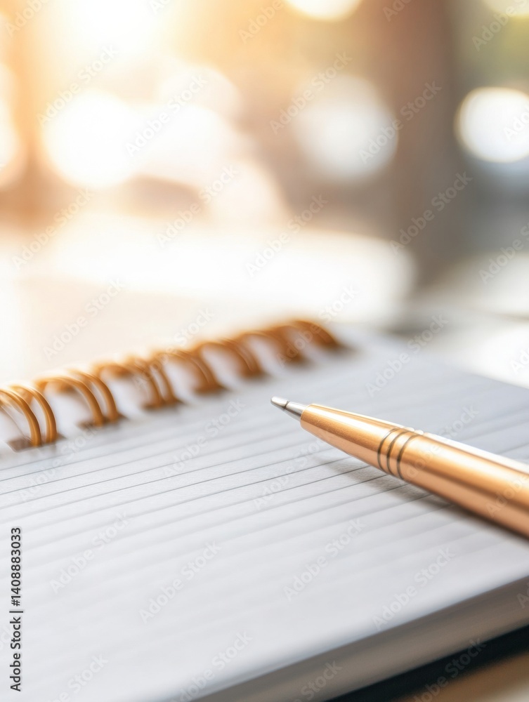 Aufkleber minimalist productivity essentials sleek gold pen and wire-bound notebook capturing modern workspace