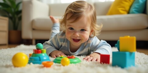 Fototapeta premium Close up of young child immersed in playtime with colorful toys on living room floor, toys, joyful, home