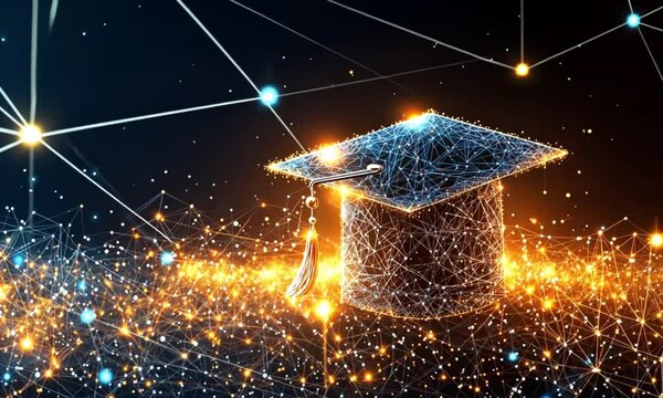 A futuristic representation of a graduation cap made of interconnected glowing lines.