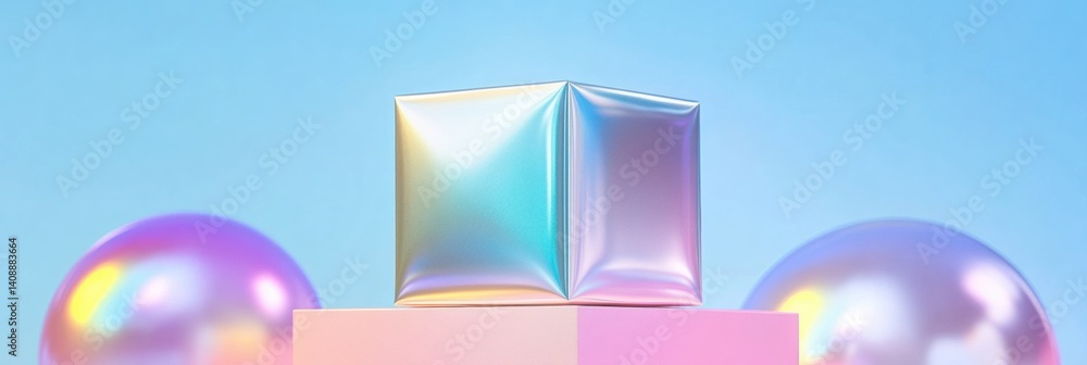 Poster holographic minimal design iridescent geometric shapes showcasing futuristic branding and digital ae