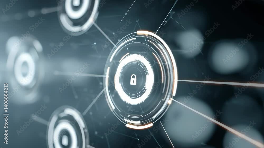 Poster a network of glowing circular icons containing padlock symbols, connected by lines, suggesting a sec